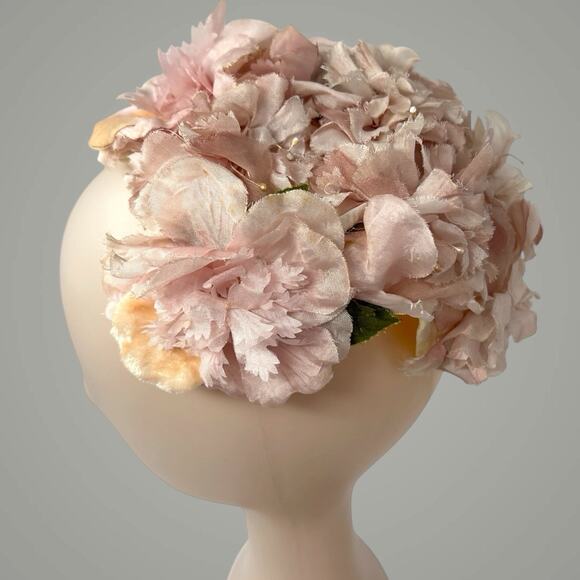 1950s Pink Floral Juliet Cap Bridal Hat Union Made Vintage main image 8